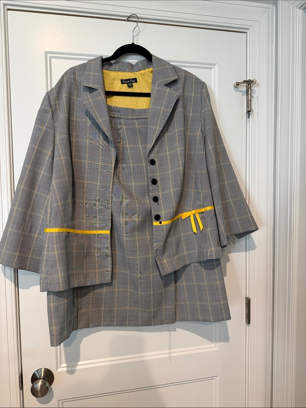 Sweet Suit Gray Plaid Skirt Suit with Yellow Trim